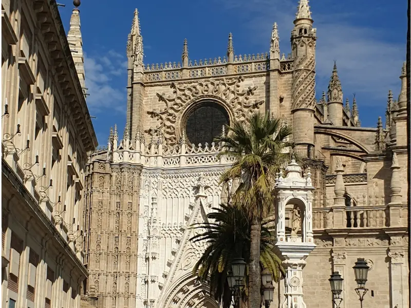 Facciata gotica della Cattedrale di Siviglia con palma e dettagli architettonici
