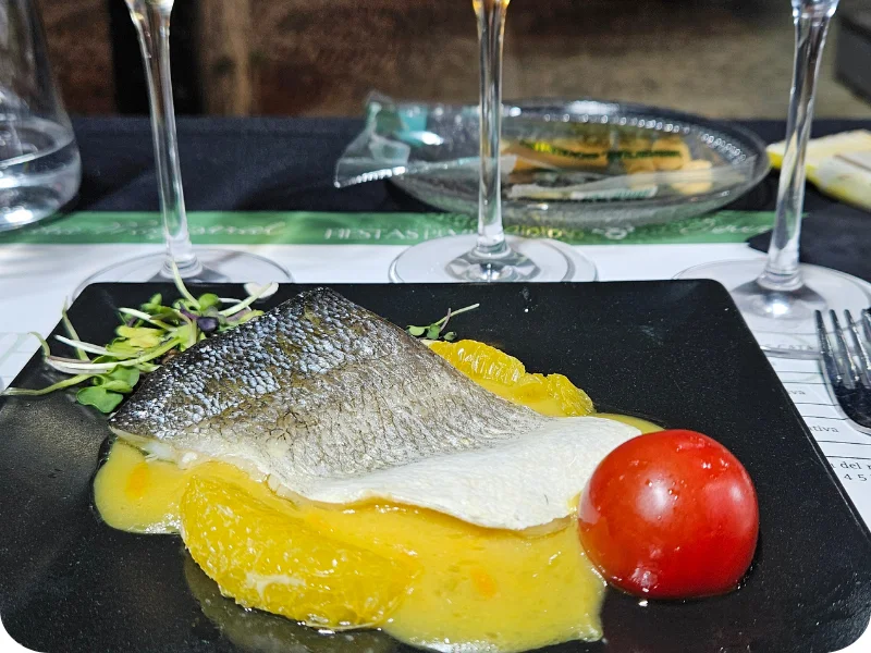 Filetto di spigola con salsa agli agrumi, pomodoro e germogli