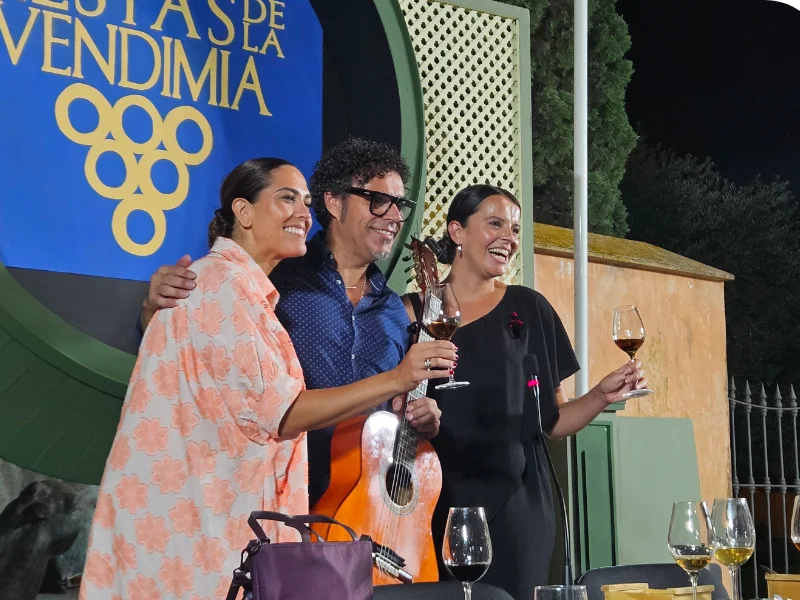 Tre persone durante una presentazione di vini a Jerez, con bicchieri di vino e chitarra